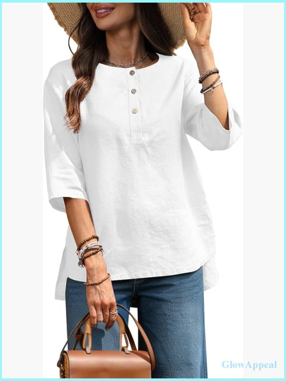 100% Linen Henley Neck 3/4 Sleeve Tunic Top Irregular Hem